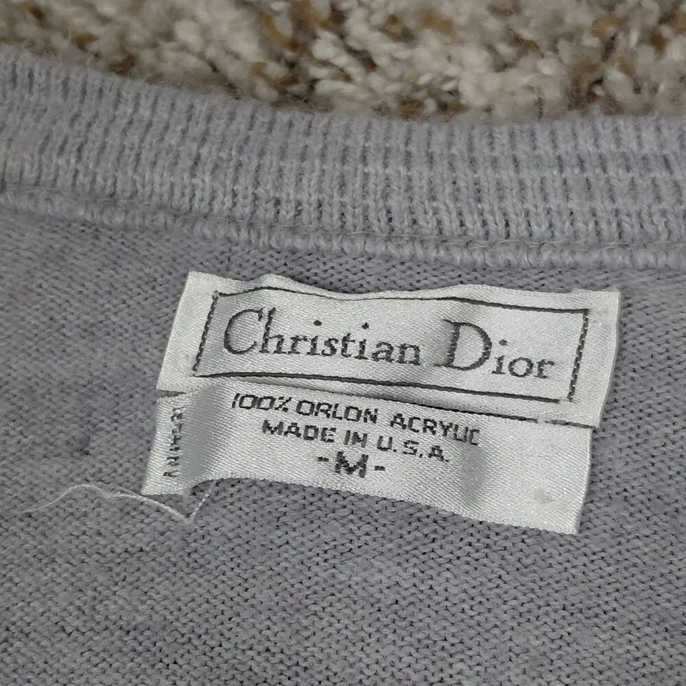 Vintage Christian Dior Pullover Sweater Mens Medium Gray Orlon Arylic V-Neck